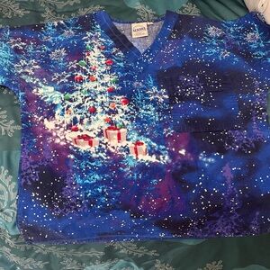 Festive Blue Christmas Scrub Top